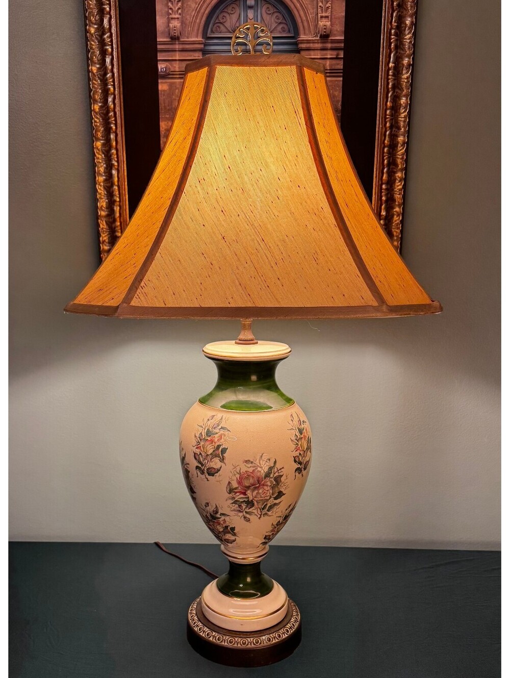 Vintage Chinoiserie Ceramic Lamp Pink Rose Floral Hand Painted Green Gold Urn